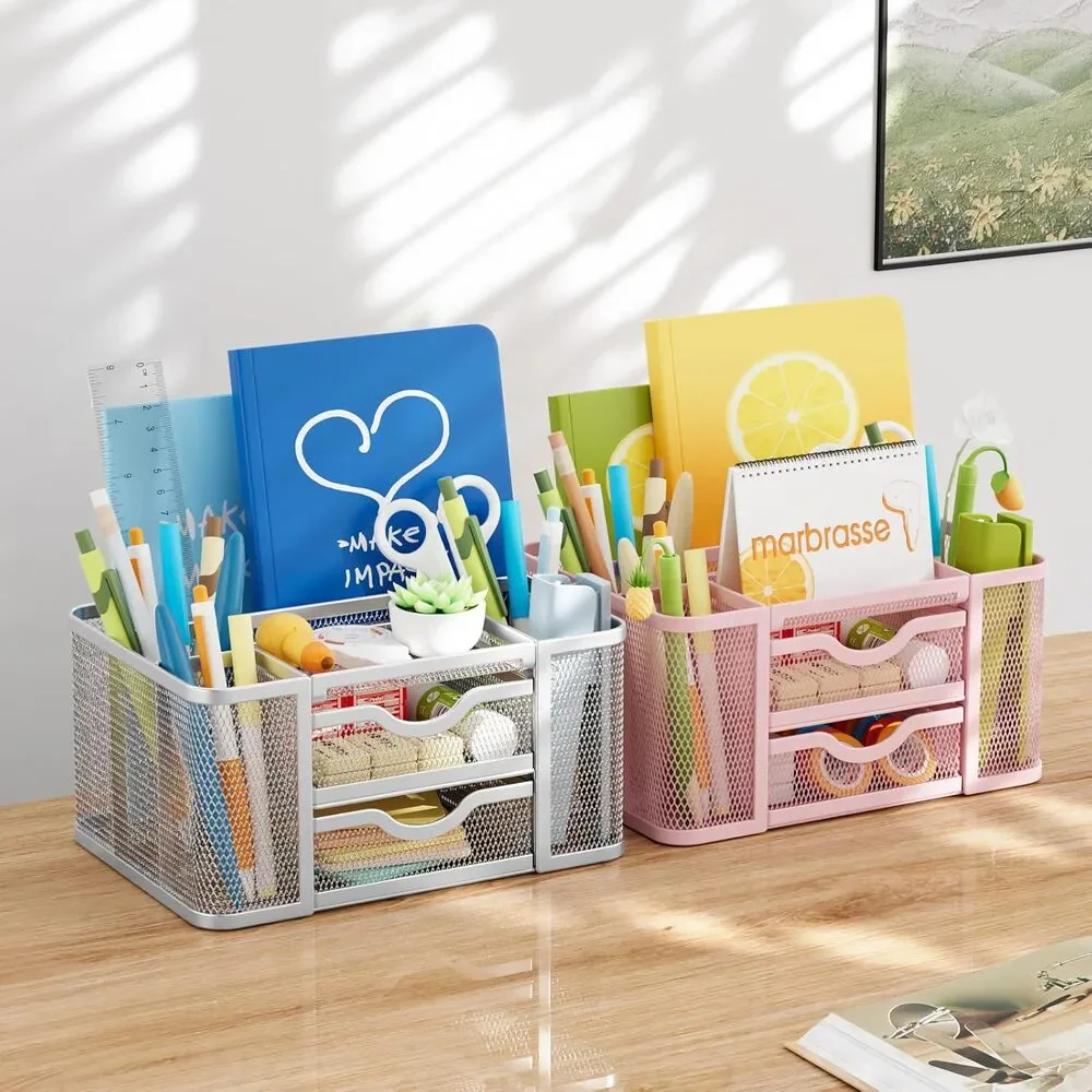 Desk Organizer Mesh 2 Drawers Pen Holder 5 Slots Office Storage Silver
